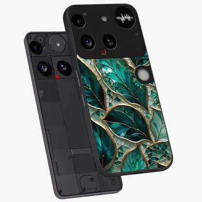 Emerald Leaf Glass Glass Case displayed in angled mockup highlighting botanical leaf illustration with elegant natural aesthetic.