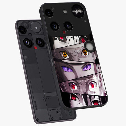 Eyes of Destiny Glass Case displayed in angled mockup highlighting bold eye illustration with mystical aesthetic style.