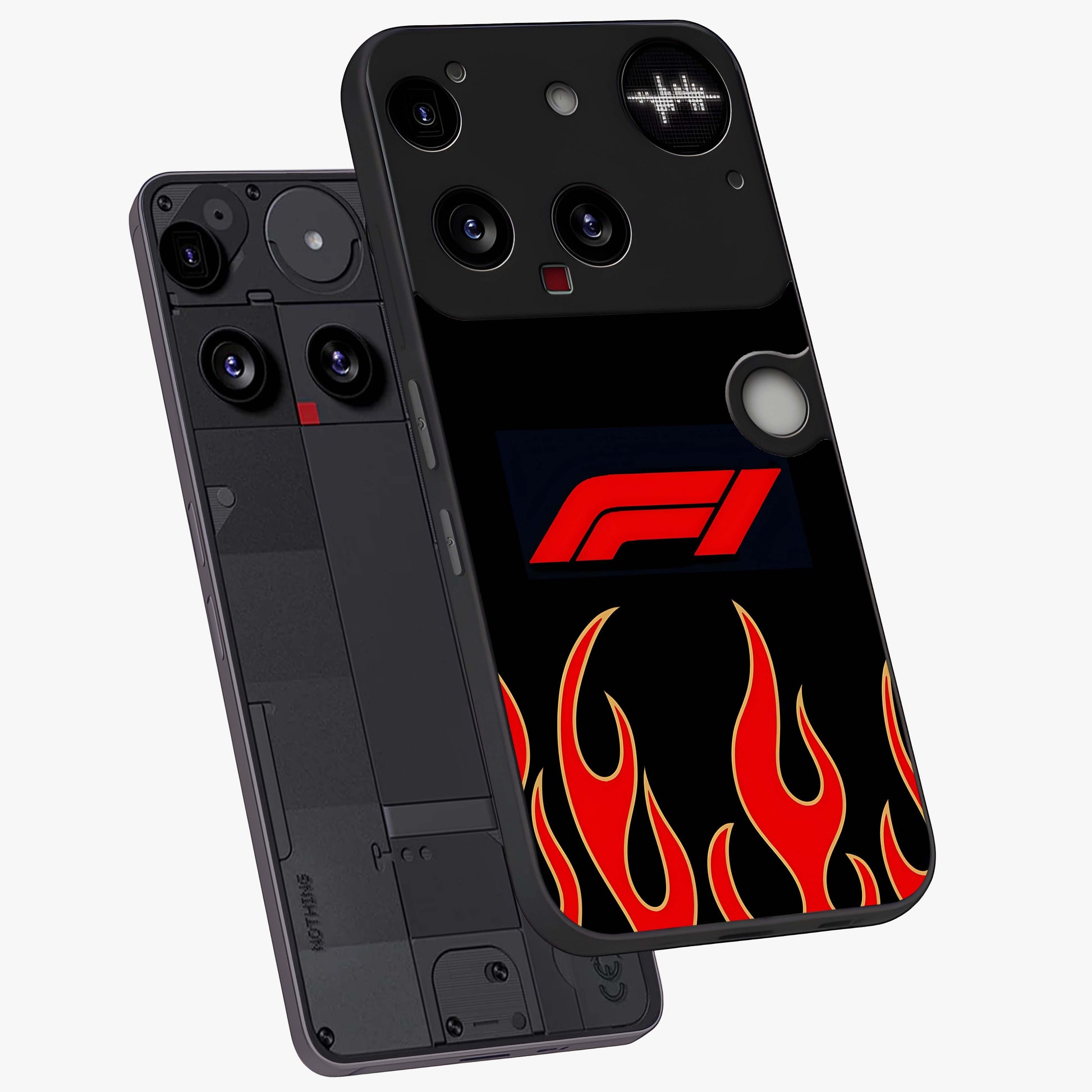 Fire F11 Glass Case displayed in angled mockup highlighting bold fire inspired graphic with energetic aesthetic style.