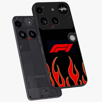Fire F11 Glass Case displayed in angled mockup highlighting bold fire inspired graphic with energetic aesthetic style.