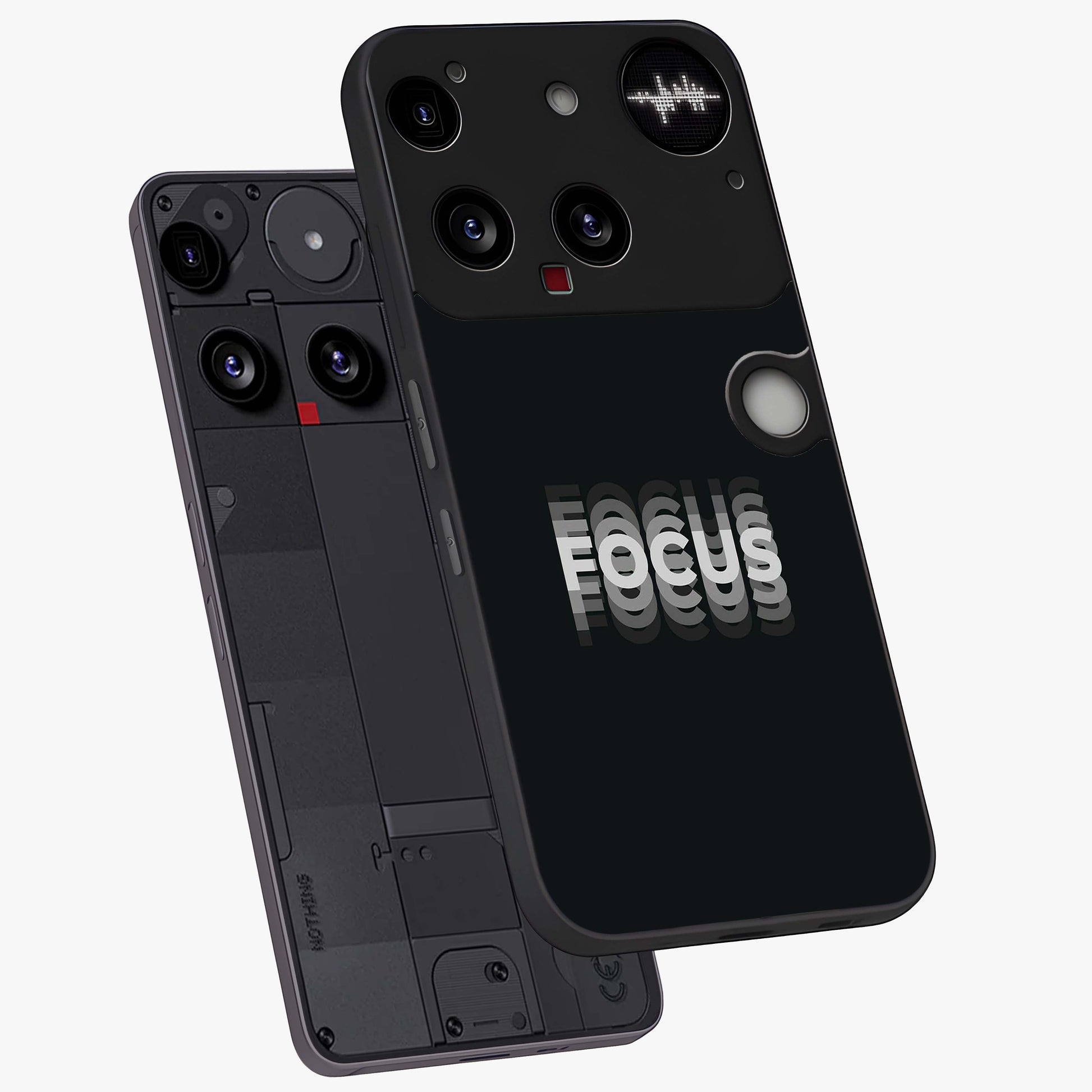 Focus Mode On Glass Case displayed in angled mockup highlighting clean minimal text artwork with modern aesthetic style.