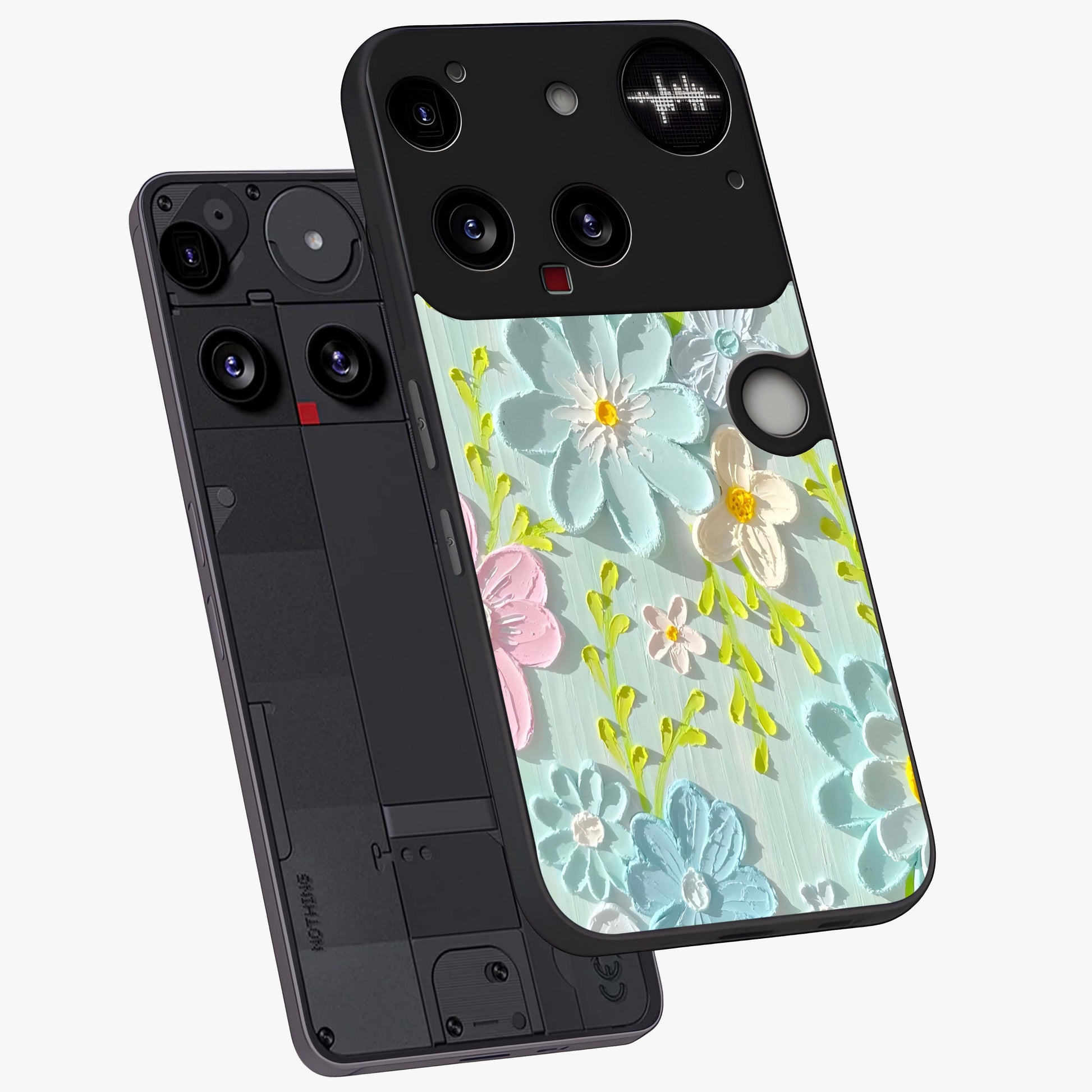 Frosted Petal Garden Glass Case displayed in angled mockup highlighting delicate flower petal design with calm garden aesthetic.