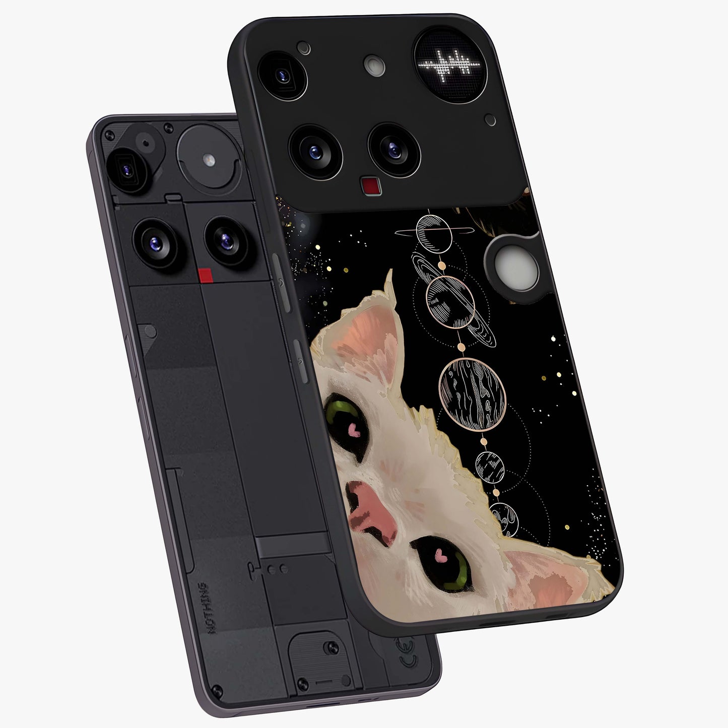 Galactic Cat Glass Case displayed in angled mockup highlighting celestial feline illustration with galaxy aesthetic style.