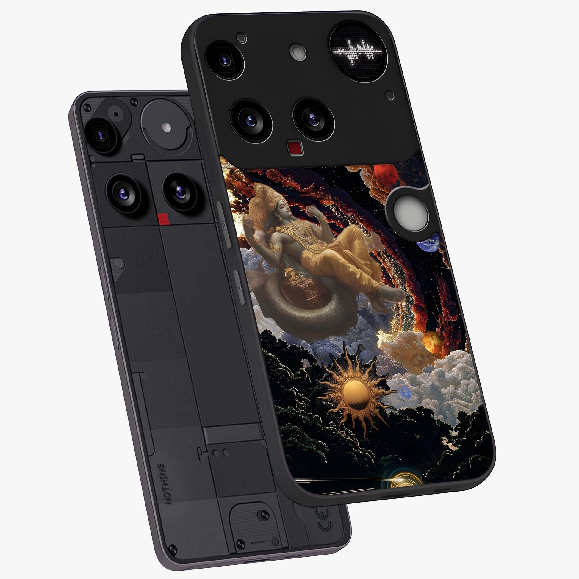 Galactic Divine God Glass Case displayed in angled mockup highlighting powerful celestial deity illustration with galactic aesthetic.