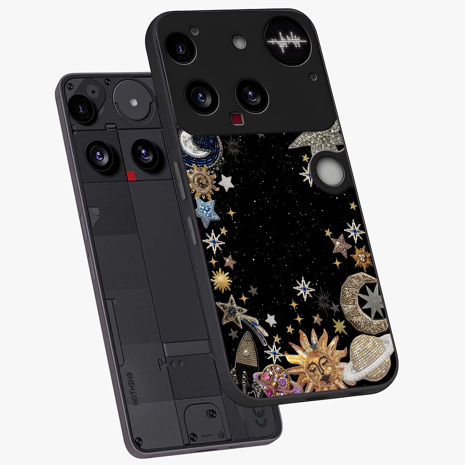 Galactic Jewel Stars Glass Case displayed in angled mockup highlighting shining celestial star design with cosmic aesthetic style.