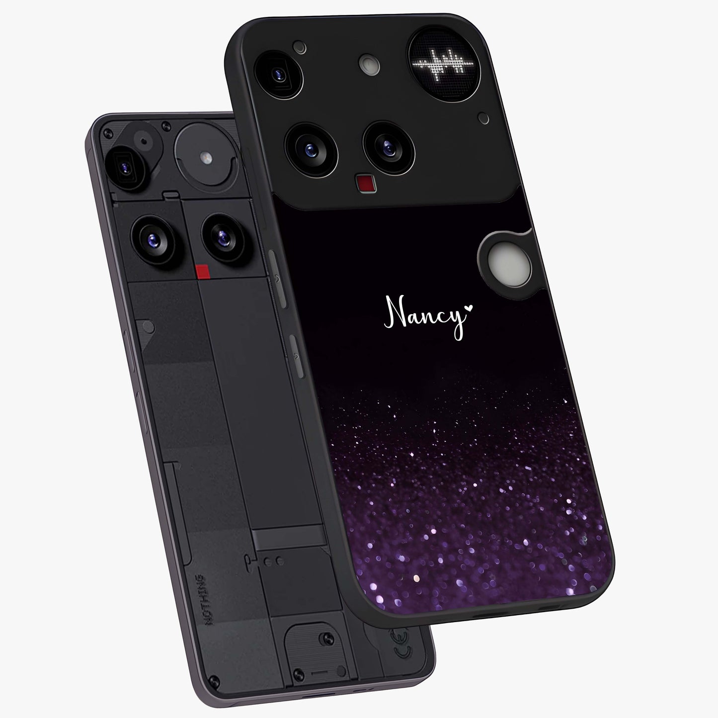 Glittery Purple Bokeh Custom Name Glass Case displayed in angled mockup highlighting glitter bokeh pattern with custom name feature.