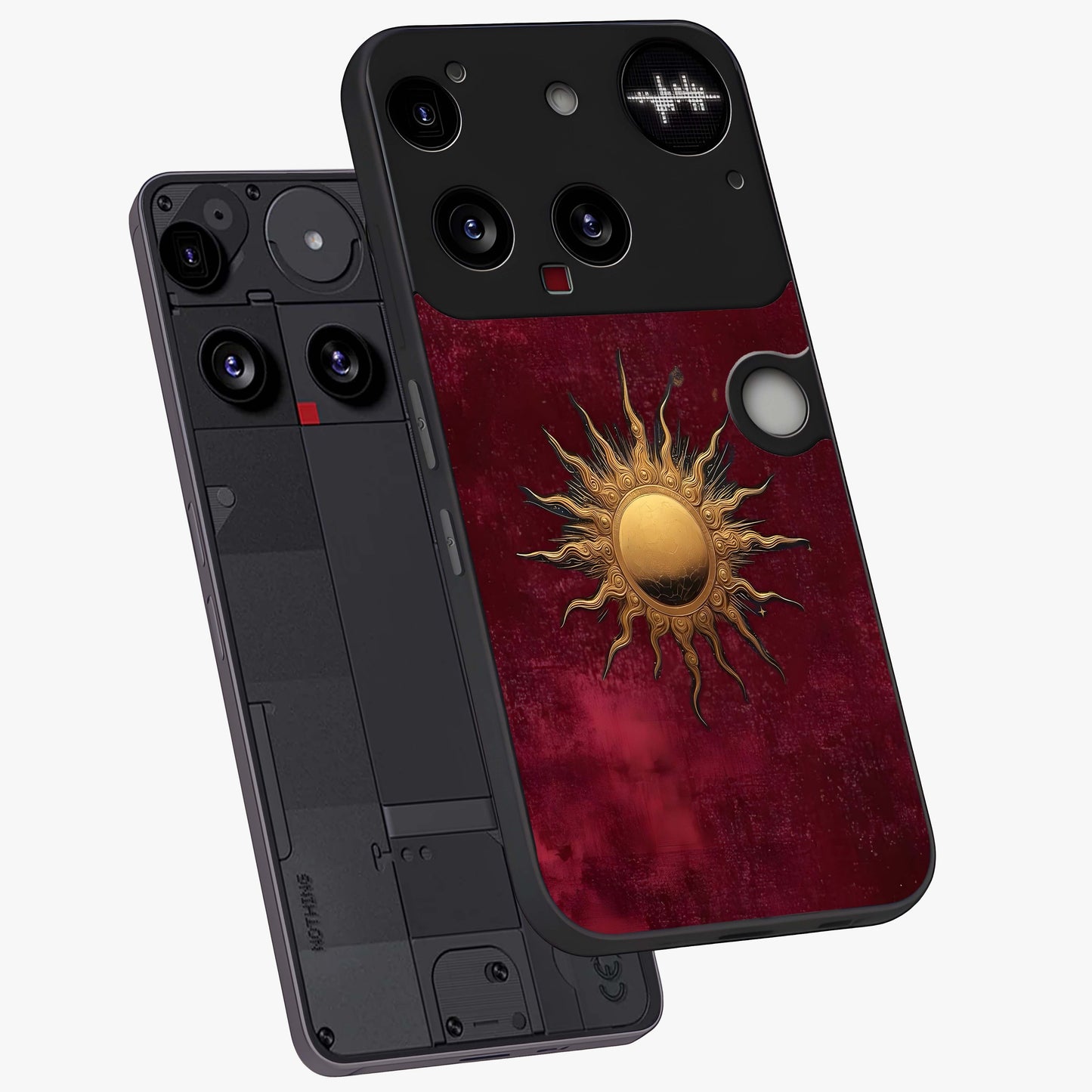 Golden Sun Minimalism Glass Case displayed in angled mockup highlighting clean sun symbol design with modern minimal aesthetic.