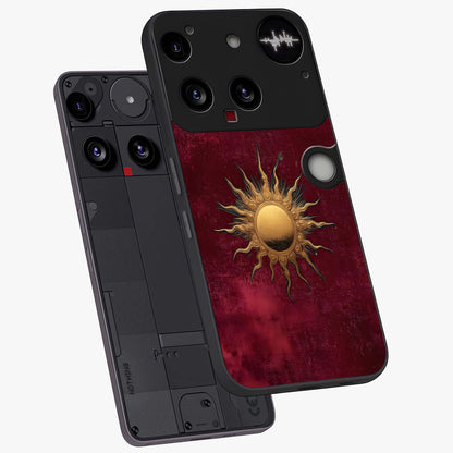 Golden Sun Minimalism Glass Case displayed in angled mockup highlighting clean sun symbol design with modern minimal aesthetic.