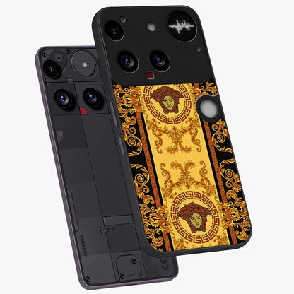 Golden Lotus Glow Glass Case displayed in angled mockup highlighting radiant lotus illustration with spiritual aesthetic.