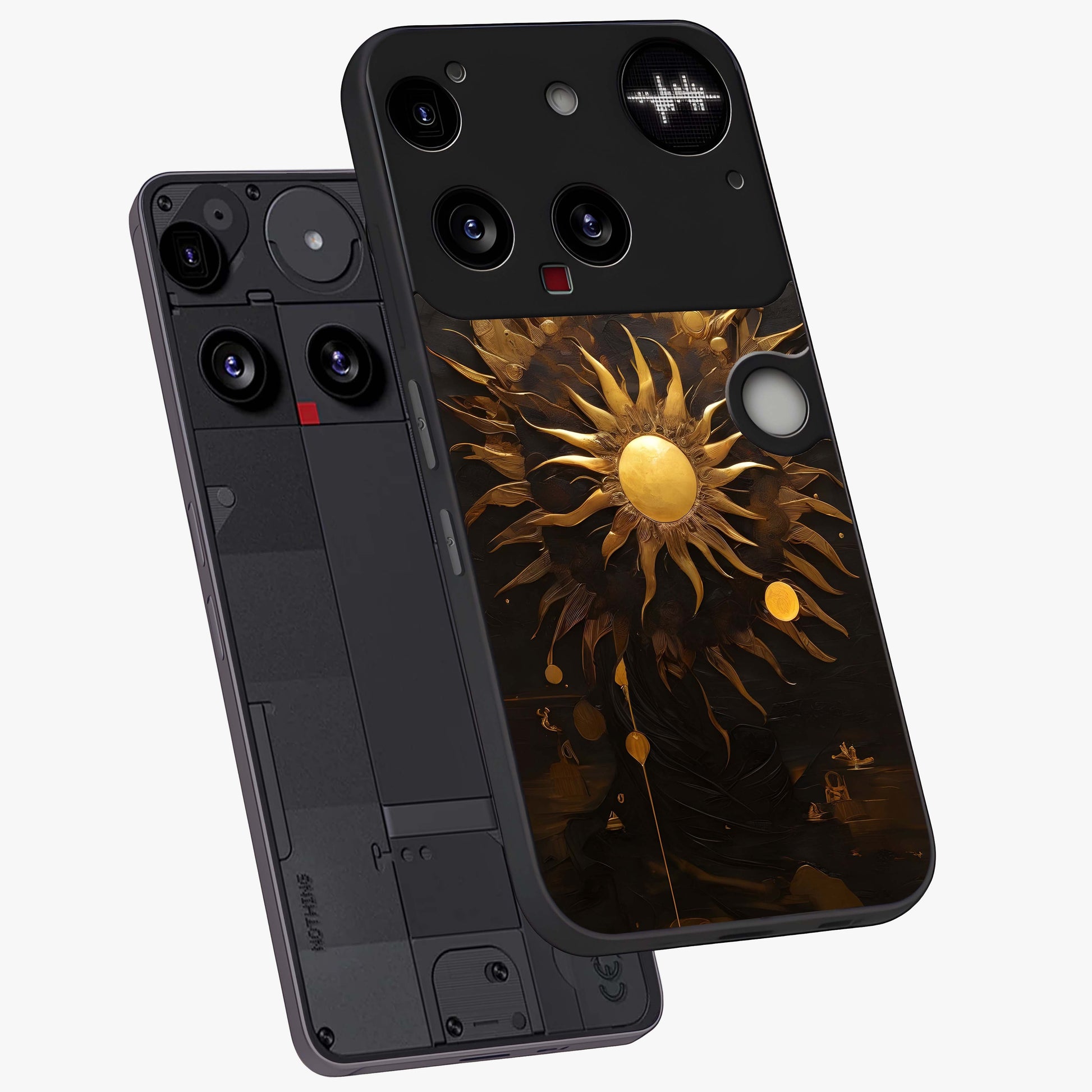 Golden Sun Majesty Glass Case displayed in angled mockup highlighting eerie shadow illustration with gothic aesthetic.