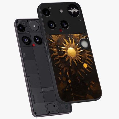 Golden Sun Majesty Glass Case displayed in angled mockup highlighting eerie shadow illustration with gothic aesthetic.