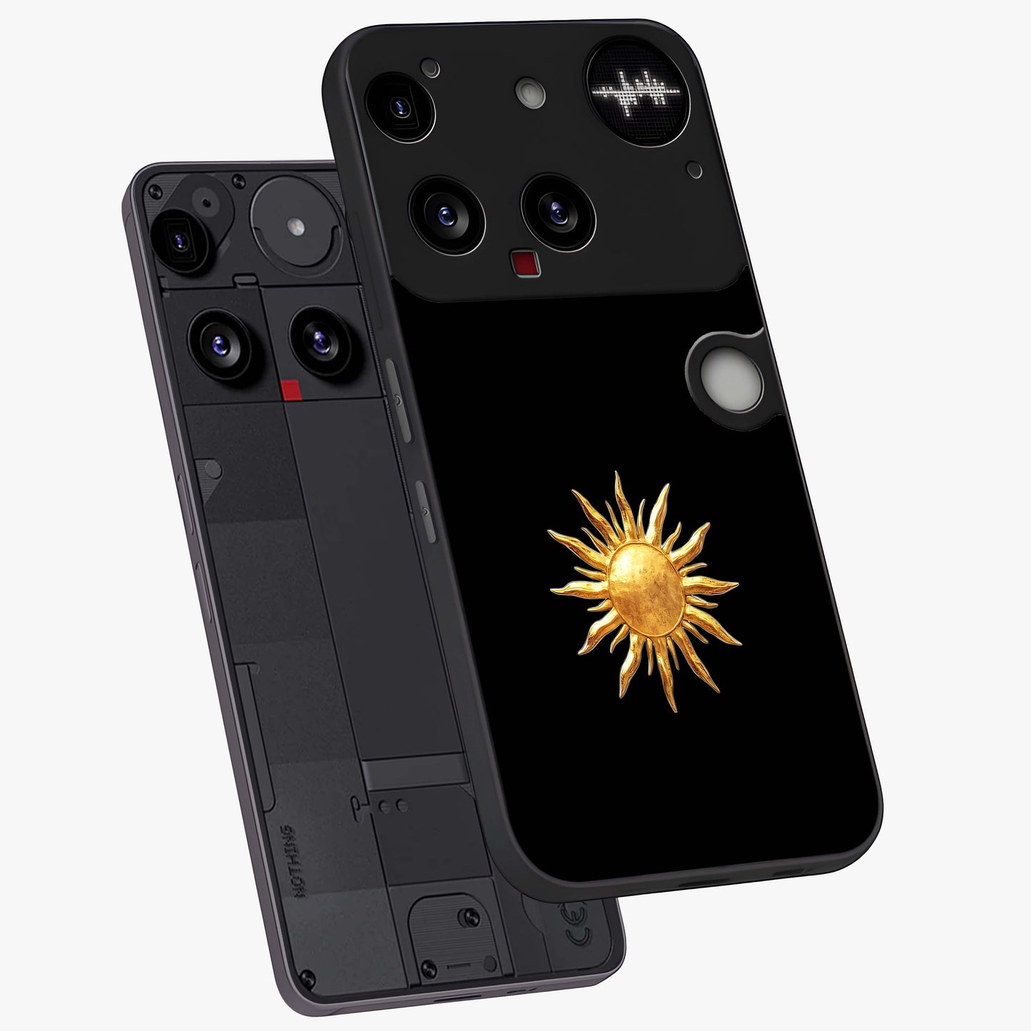 Golden Sun Minimalism Glass Case displayed in angled mockup highlighting eerie shadow illustration with gothic aesthetic.