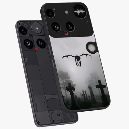 Graveyard Shadow Descent Glass Case displayed in angled mockup highlighting eerie shadow illustration with gothic aesthetic.