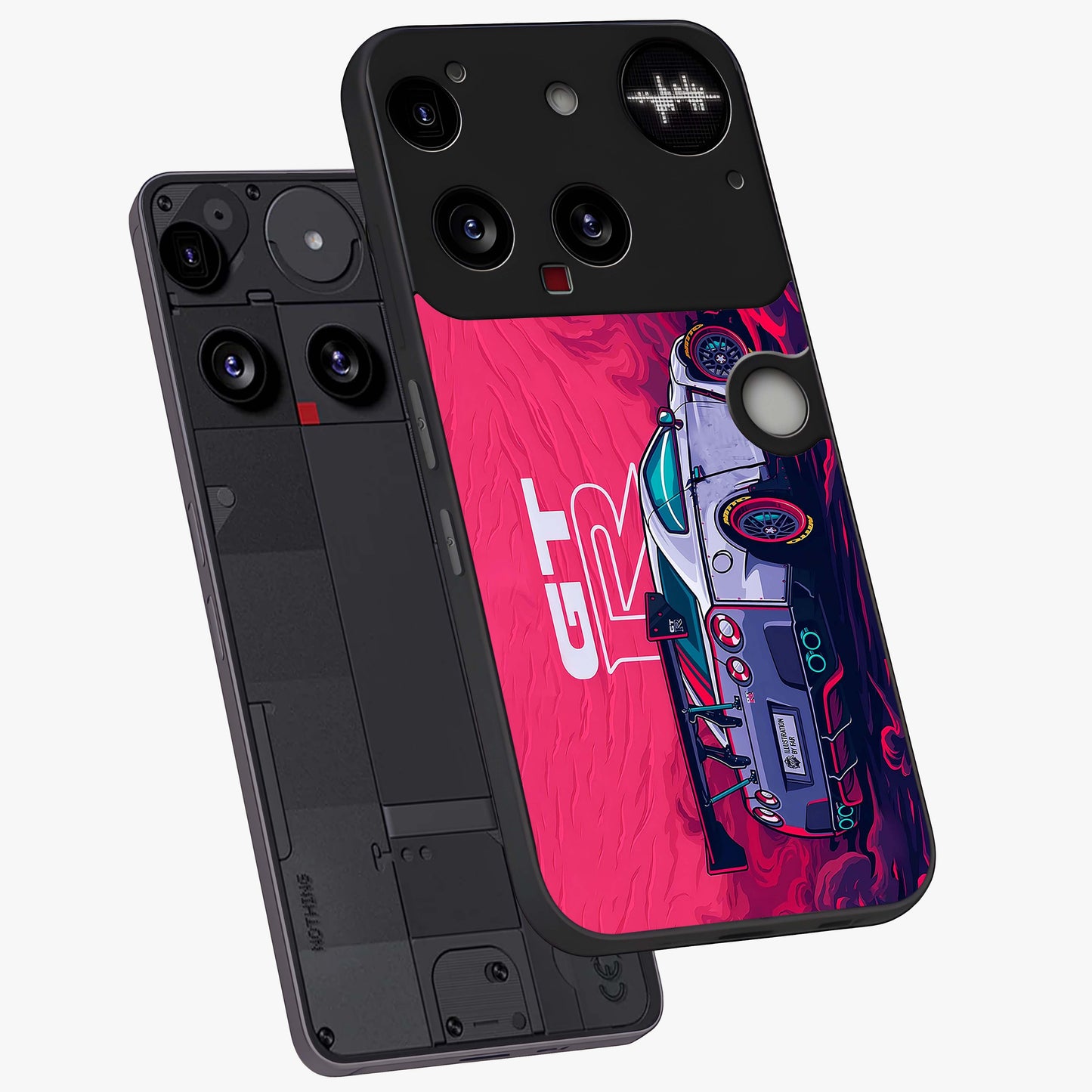 GT-R Car Pattern Glass Case displayed in angled mockup highlighting racing car graphic design with bold automotive aesthetic.