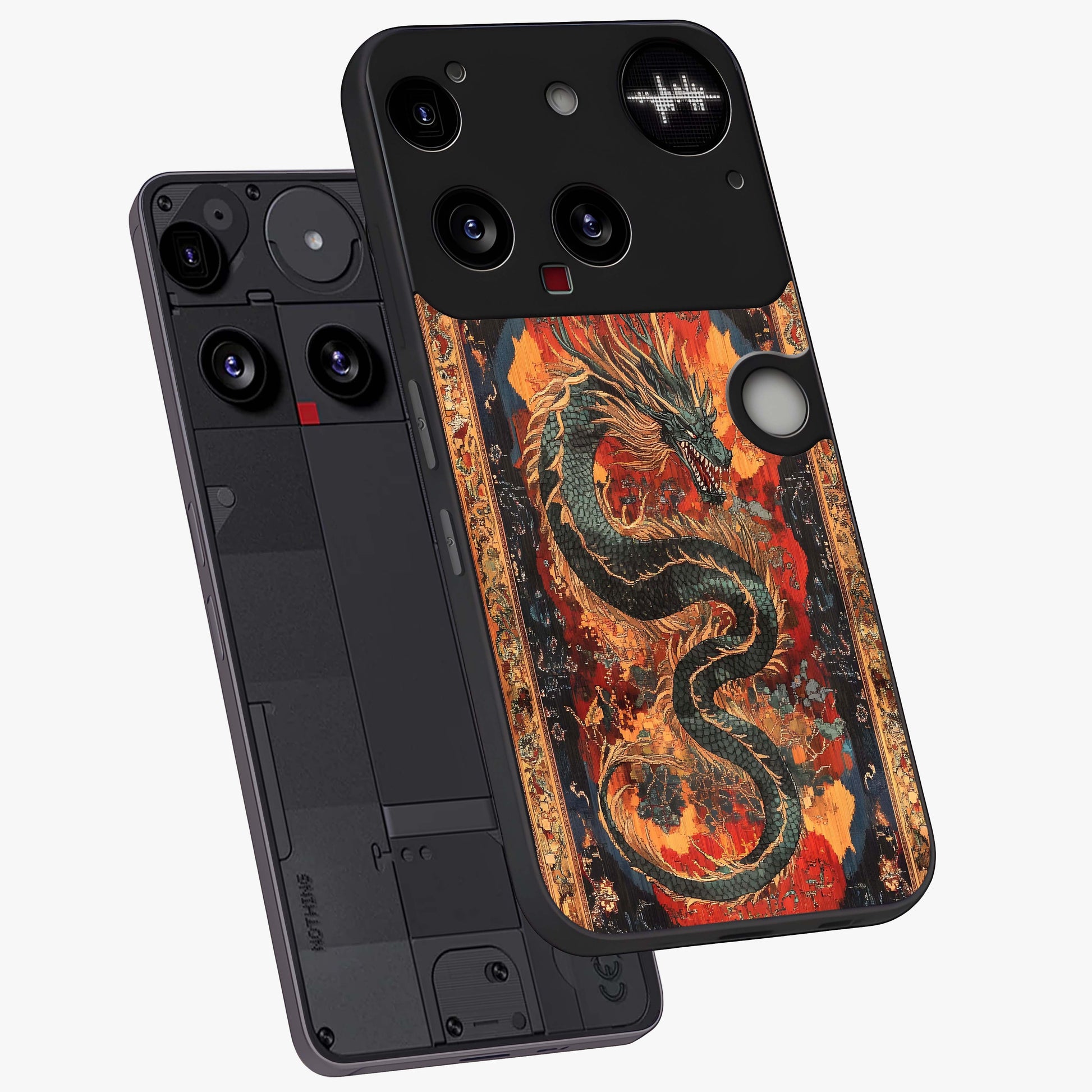 Inferno Dragon Soul Glass Case displayed in angled mockup highlighting powerful dragon illustration with inferno aesthetic.