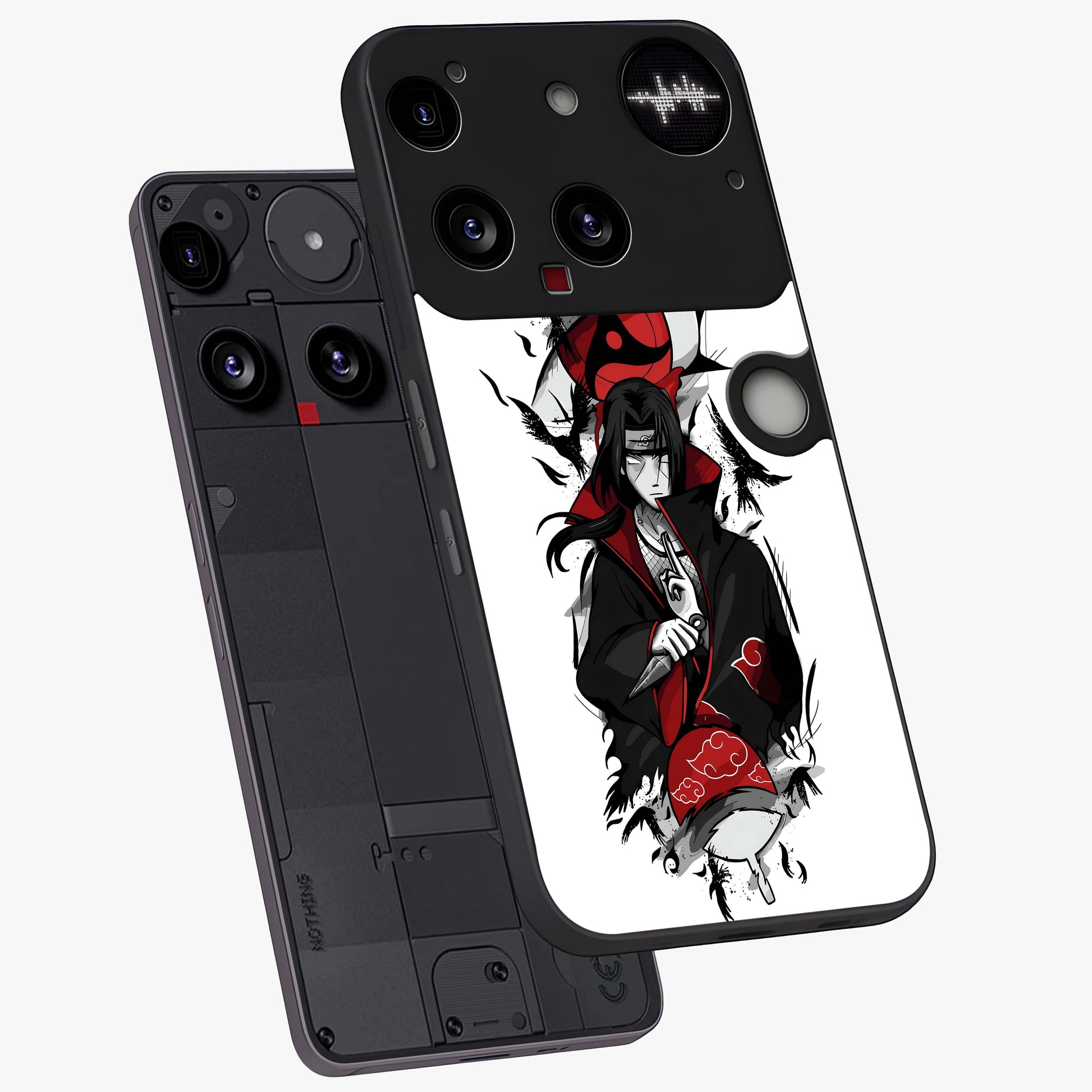 Itachi Limited Edition Naruto Anime Glass Case displayed in angled mockup highlighting dramatic anime illustration with bold action aesthetic.