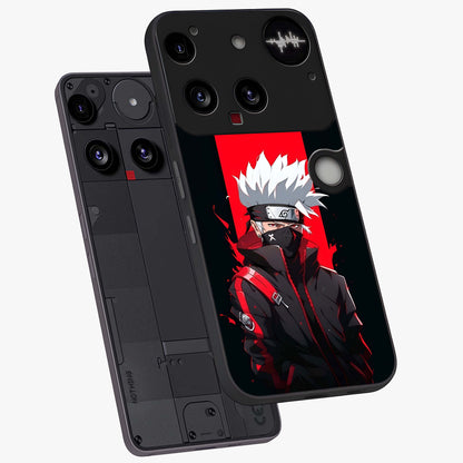 Kakashi Scarlet Shadow Glass Case displayed in angled mockup highlighting dramatic ninja illustration with scarlet themed aesthetic.