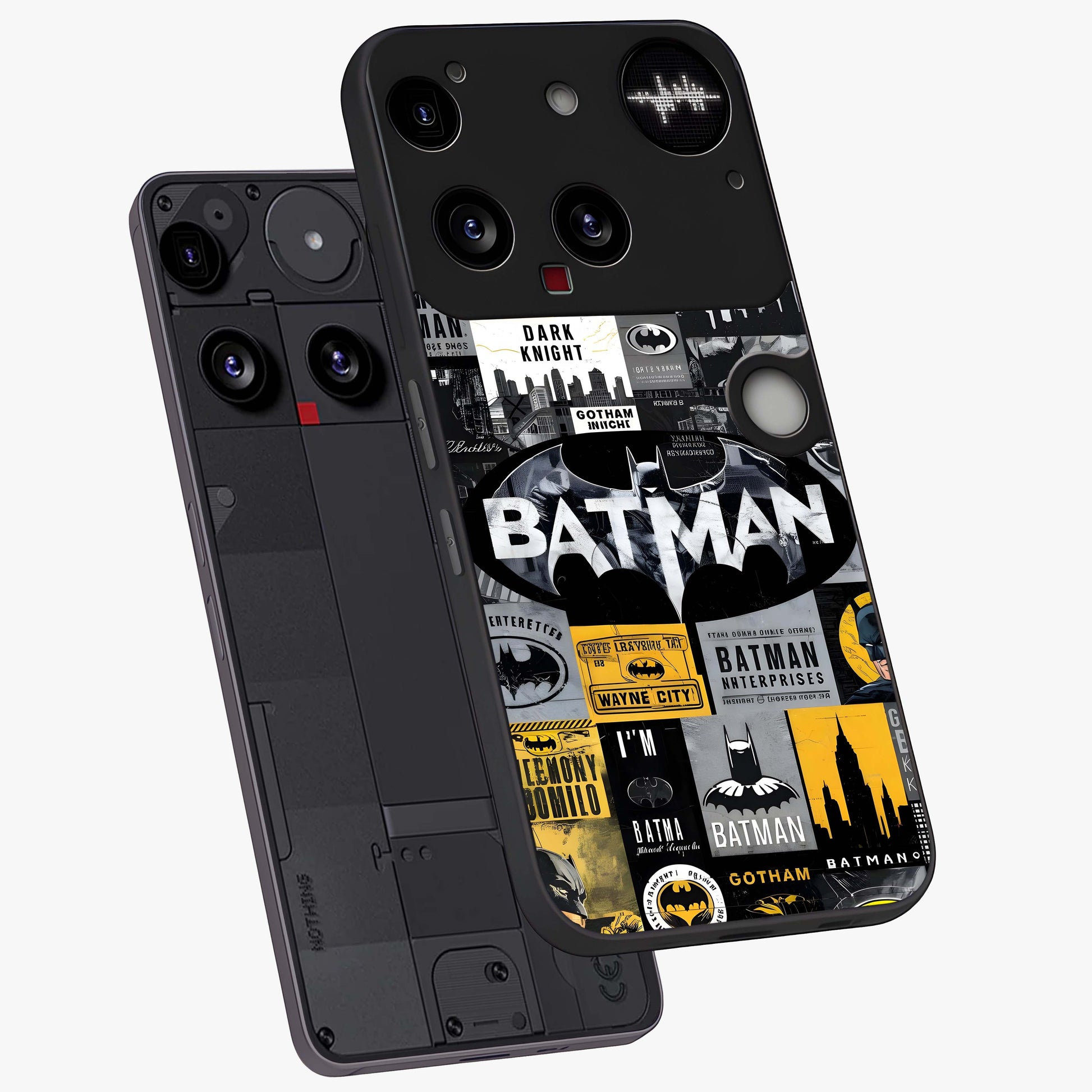 Knight Gotham Rise Glass Case displayed in angled mockup highlighting powerful knight silhouette design with dramatic aesthetic.