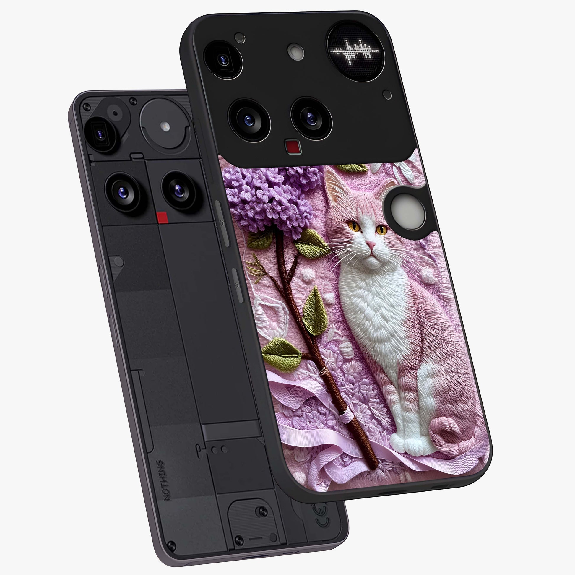 Lavender Cat Whimsy Glass Case displayed in angled mockup highlighting playful feline illustration with pastel lavender aesthetic.