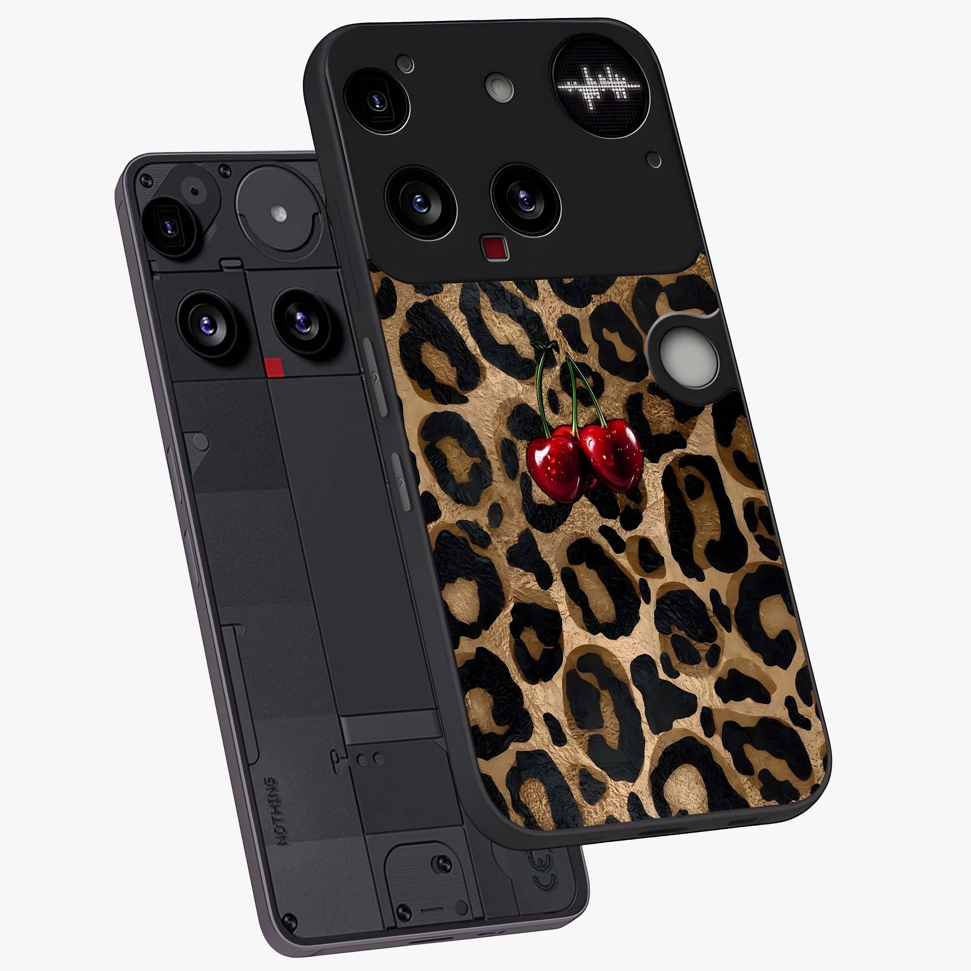 Leopard Wild Cherry Glass Case displayed in angled mockup highlighting bold animal print design with playful cherry aesthetic.