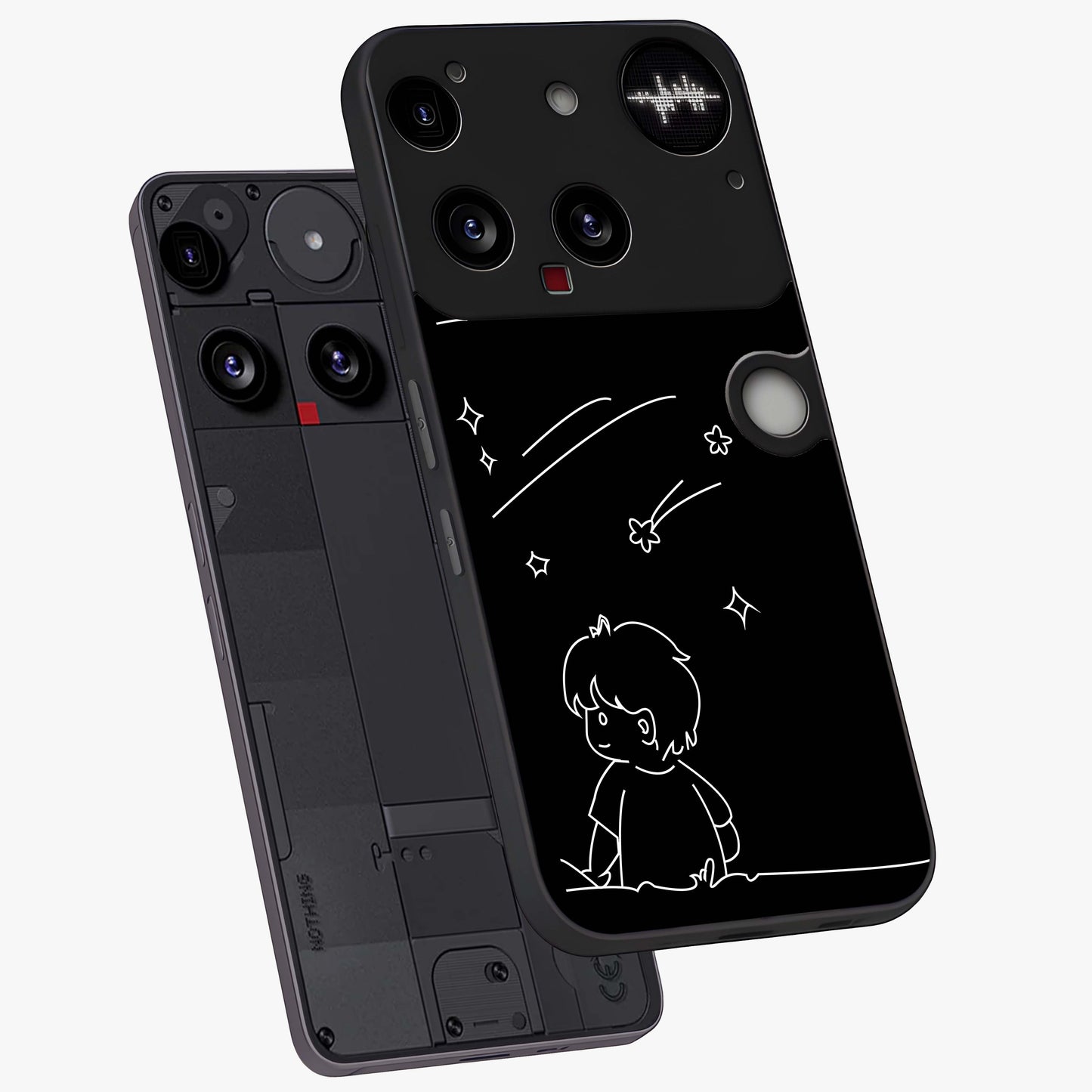 Line Art Boy With Shooting Stars Glass Case displayed in angled mockup highlighting elegant line art design with dreamy star aesthetic.