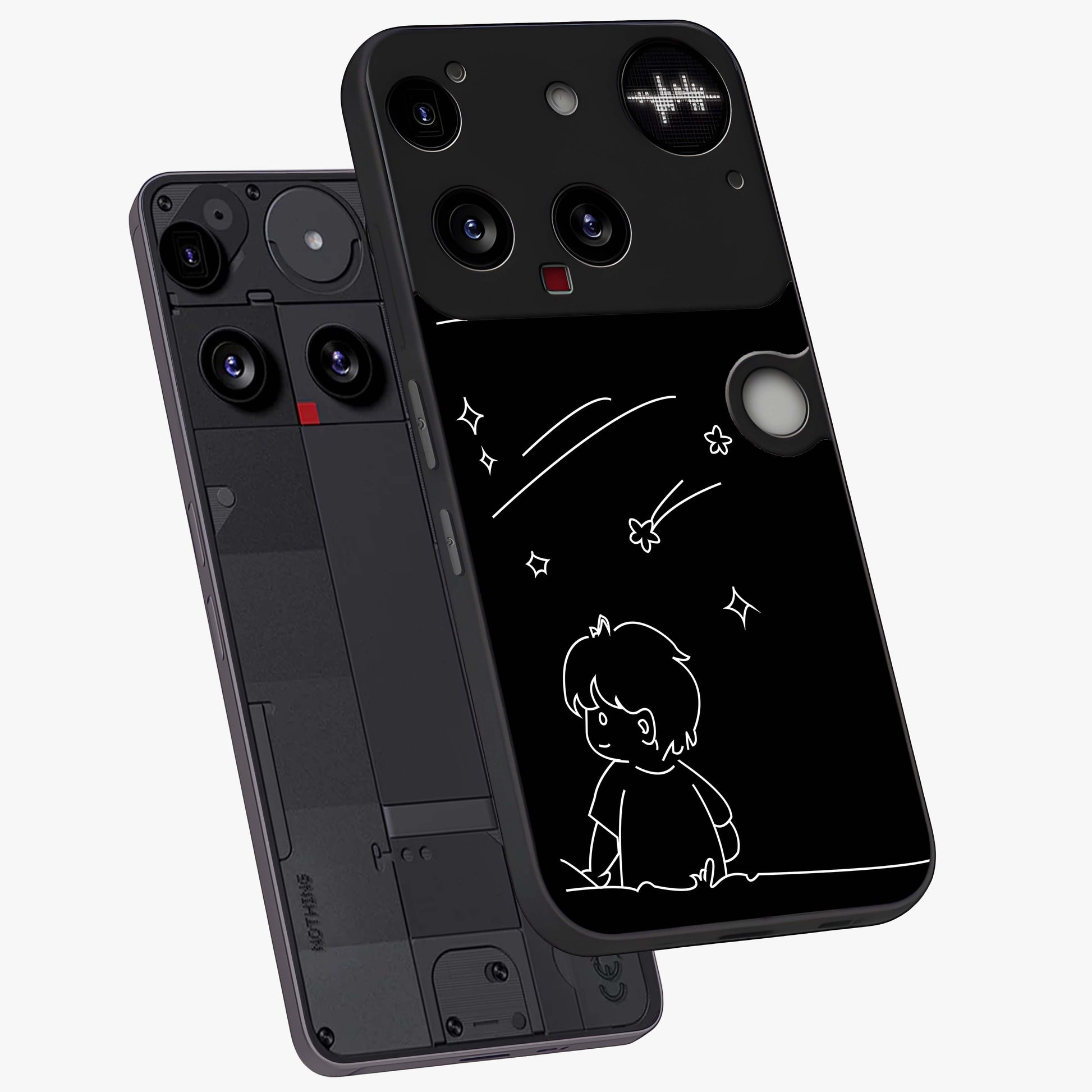 Line Art Boy With Shooting Stars Glass Case displayed in angled mockup highlighting elegant line art design with dreamy star aesthetic.