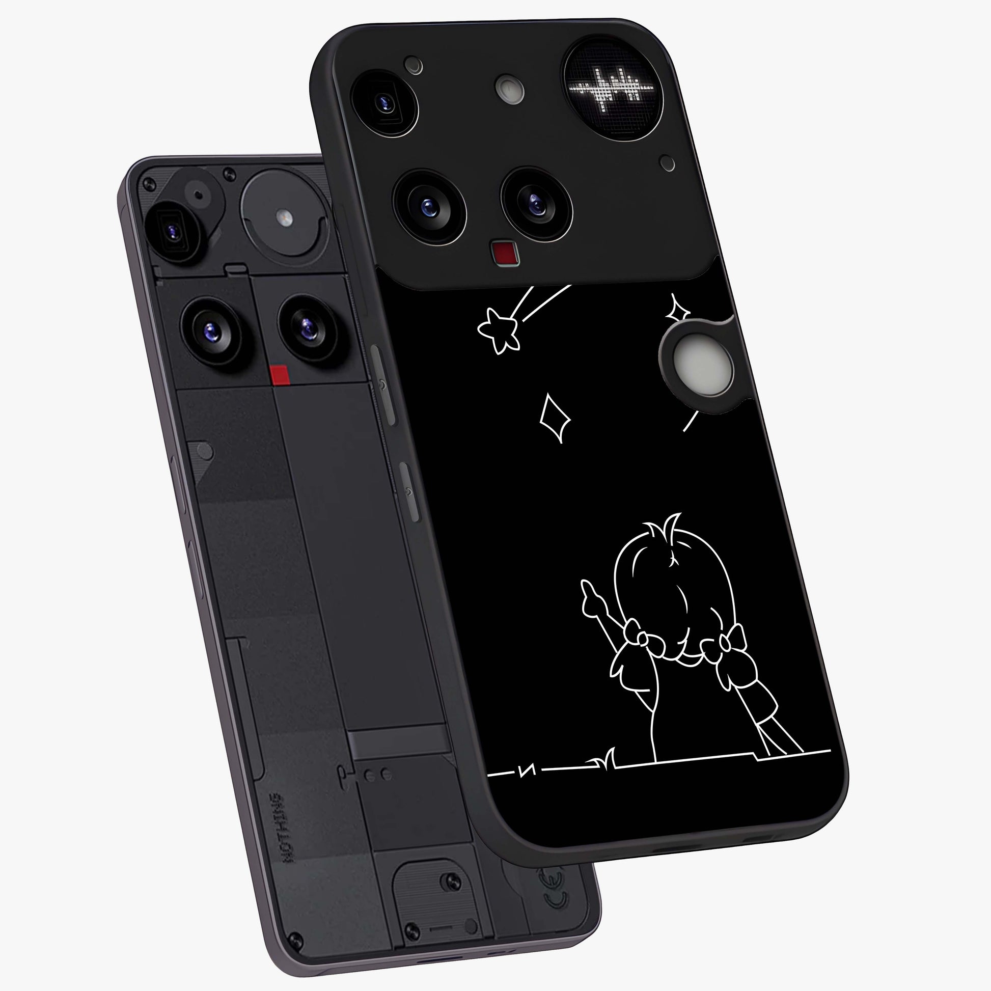 Line Art Girl With Shooting Stars Glass Case displayed in angled mockup highlighting elegant line art design with dreamy star aesthetic.