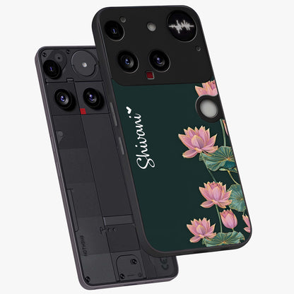Lotus Bloom Serenity Custom Name Glass Case displayed in angled mockup highlighting graceful lotus illustration with custom name feature.