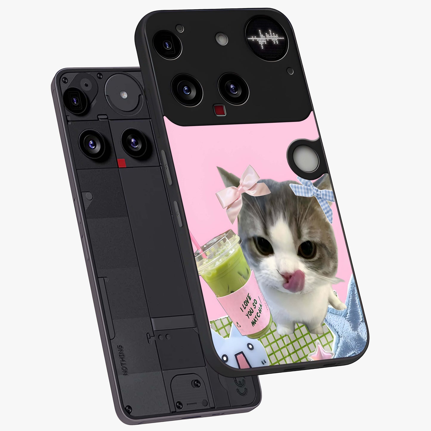 Love Matcha Cat Glass Case displayed in angled mockup highlighting playful feline illustration with cozy matcha aesthetic.