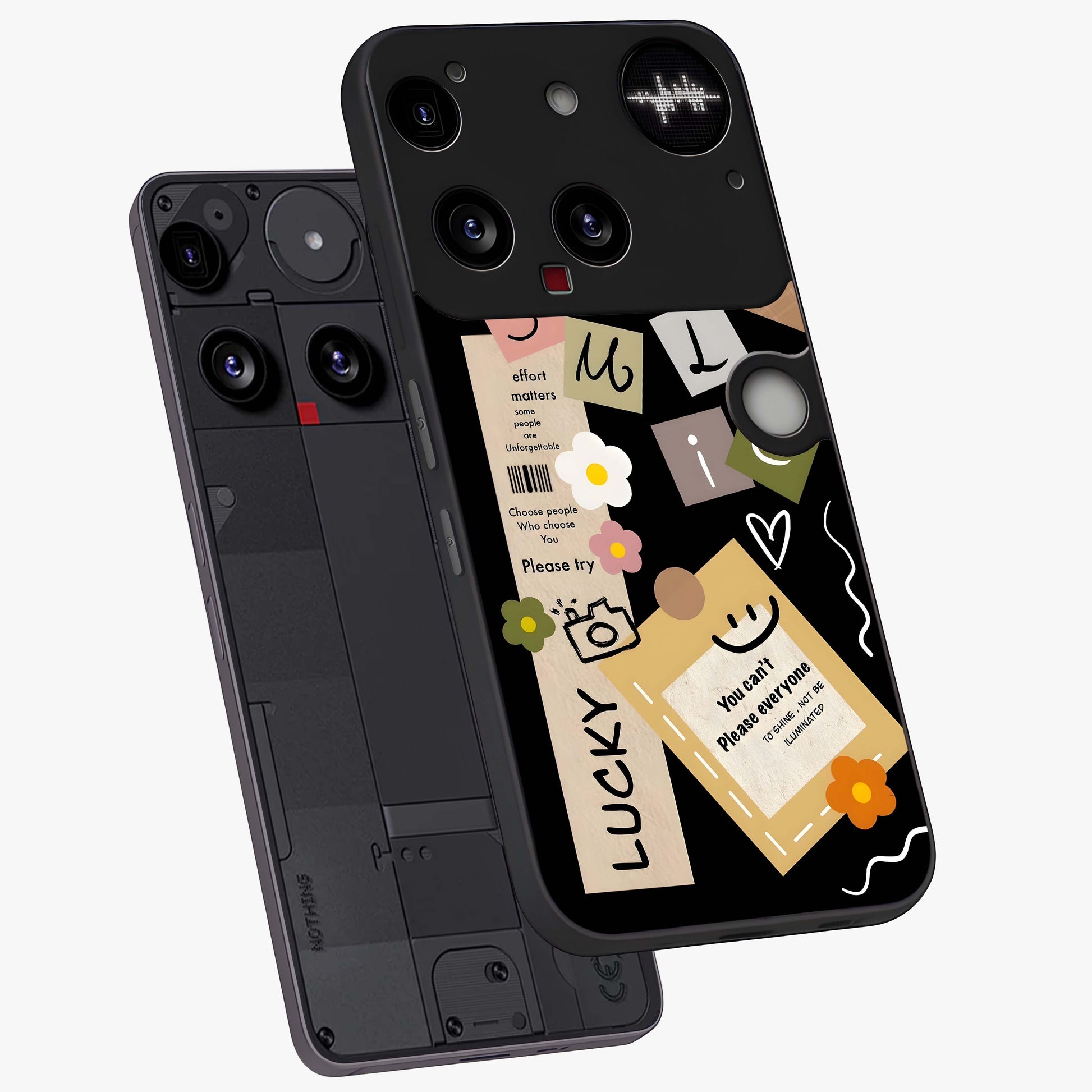 Lucky Aesthetic Collage Glass Case displayed in angled mockup highlighting stylish collage pattern with modern aesthetic vibe.