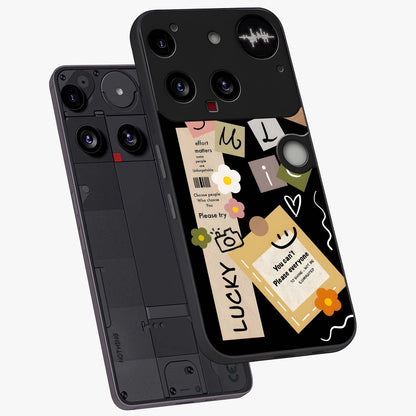 Lucky Aesthetic Collage Glass Case displayed in angled mockup highlighting stylish collage pattern with modern aesthetic vibe.