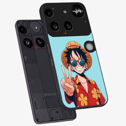 Luffy Summer Anime Vibe Glass Case displayed in angled mockup highlighting energetic anime illustration with summer vibe aesthetic.