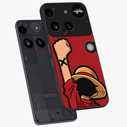 Luffy X Spirit Glass Case displayed in angled mockup highlighting powerful anime design with energetic action aesthetic.
