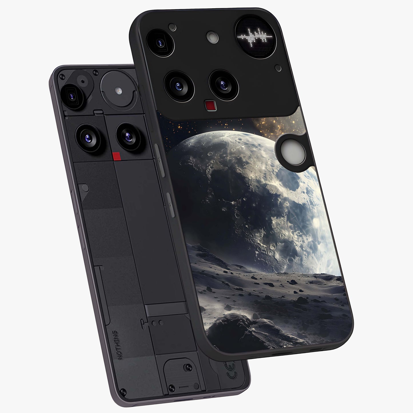 Lunar Horizon Glow Glass Case displayed in angled mockup highlighting celestial moon design with dreamy night aesthetic.