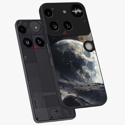 Lunar Horizon Glow Glass Case displayed in angled mockup highlighting celestial moon design with dreamy night aesthetic.