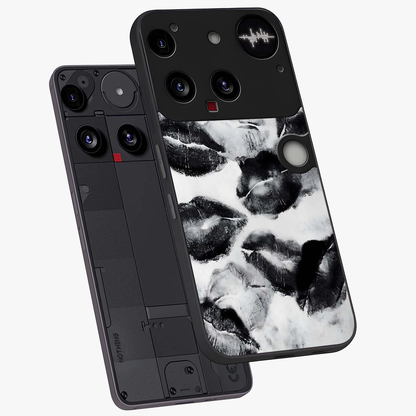 Midnight Kiss Marks Glass Case displayed in angled mockup highlighting playful romantic design with bold midnight aesthetic.