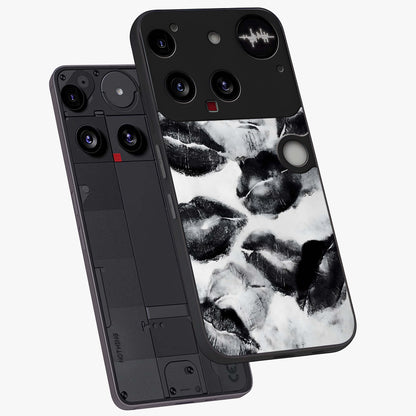 Midnight Kiss Marks Glass Case displayed in angled mockup highlighting playful romantic design with bold midnight aesthetic.