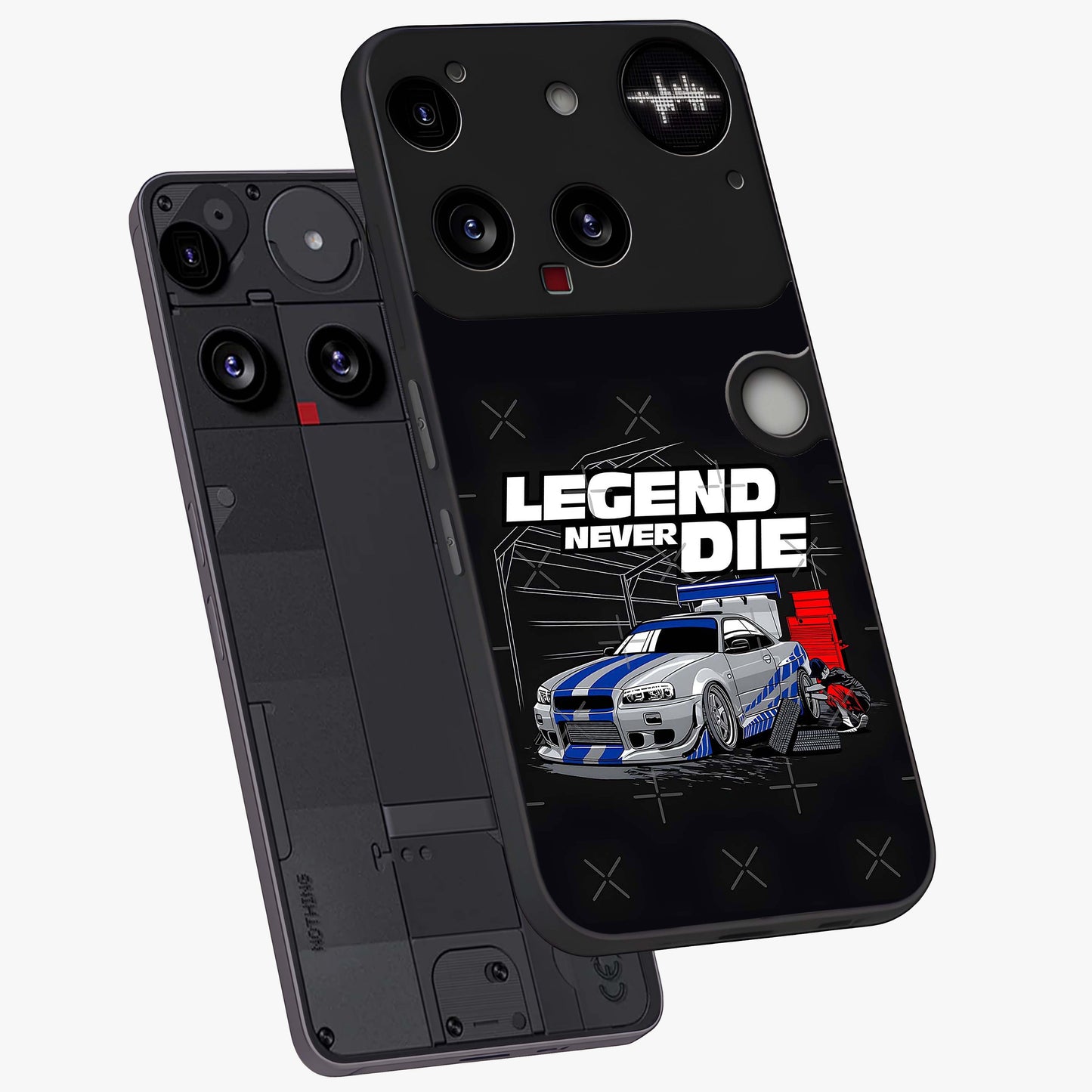 Midnight Racing Legacy Glass Case displayed in angled mockup highlighting dynamic automotive design with bold midnight aesthetic.