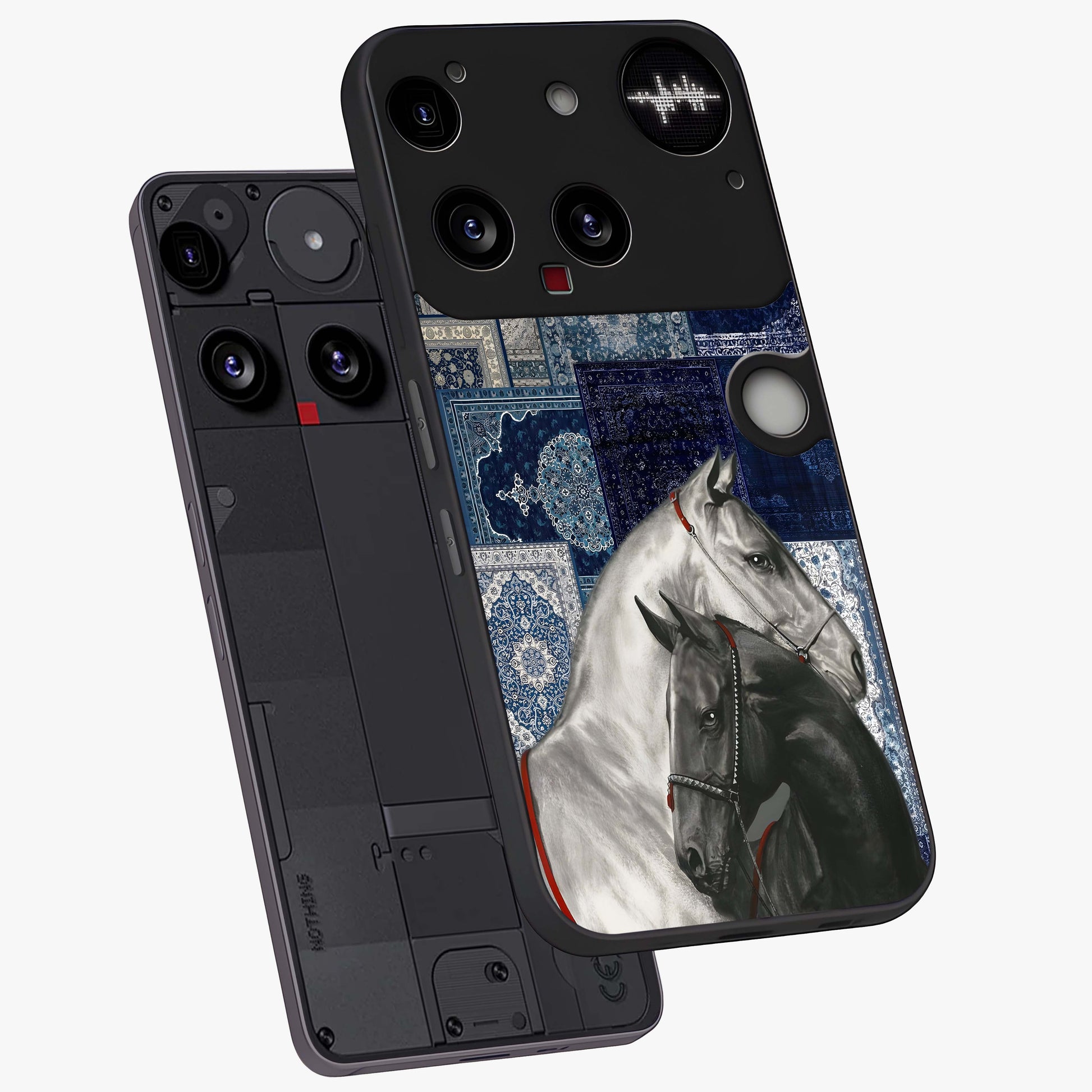 Midnight Stallion Blues Glass Case displayed in angled mockup highlighting powerful stallion illustration with deep midnight tones.