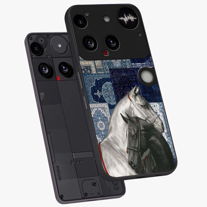 Midnight Stallion Blues Glass Case displayed in angled mockup highlighting powerful stallion illustration with deep midnight tones.