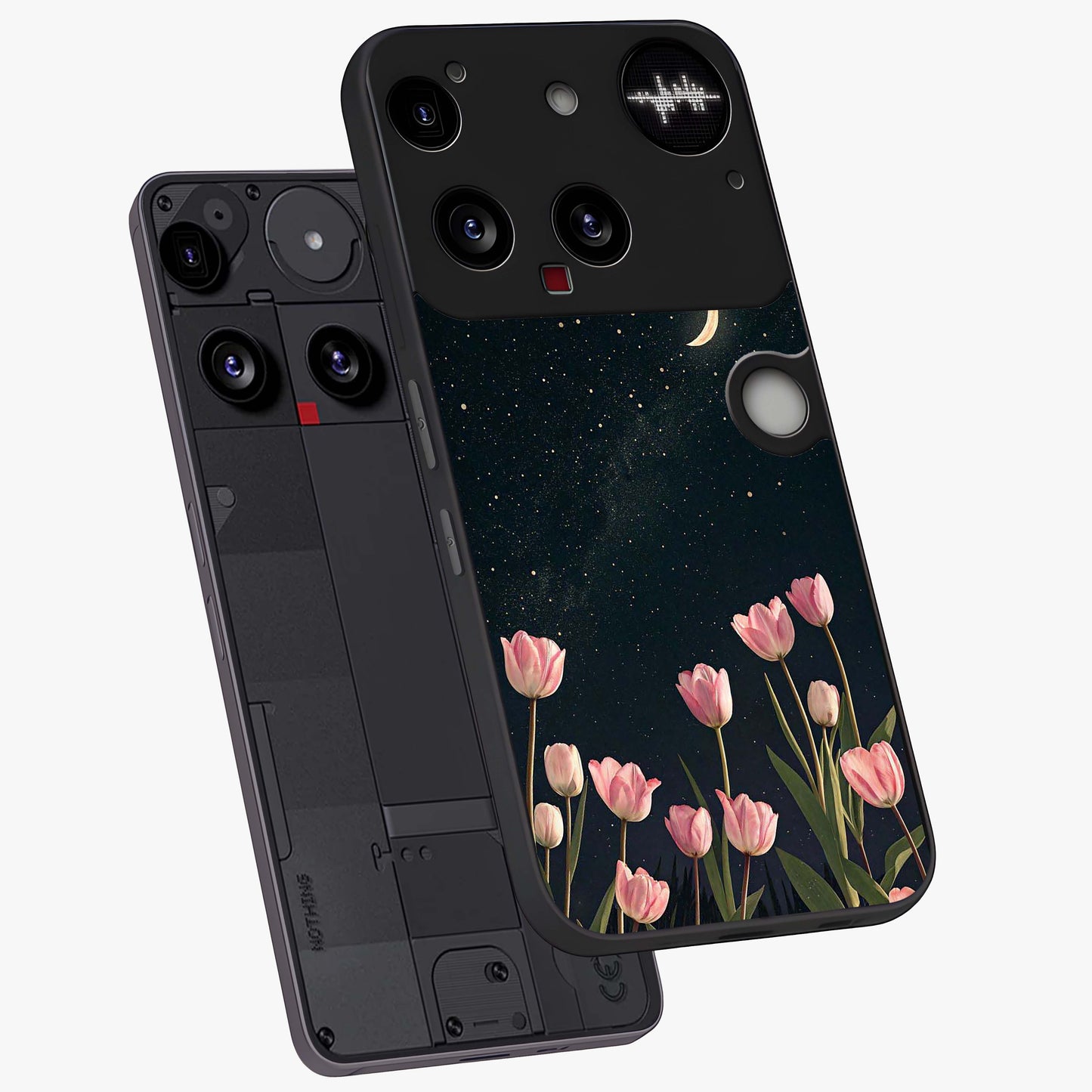 Midnight Tulip Whispers Vibe Glass Case displayed in angled mockup highlighting delicate tulip design with midnight floral aesthetic.