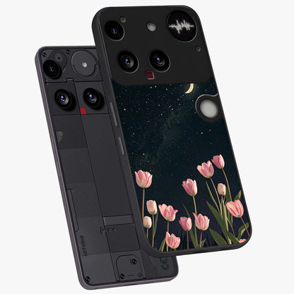 Midnight Tulip Whispers Vibe Glass Case displayed in angled mockup highlighting delicate tulip design with midnight floral aesthetic.