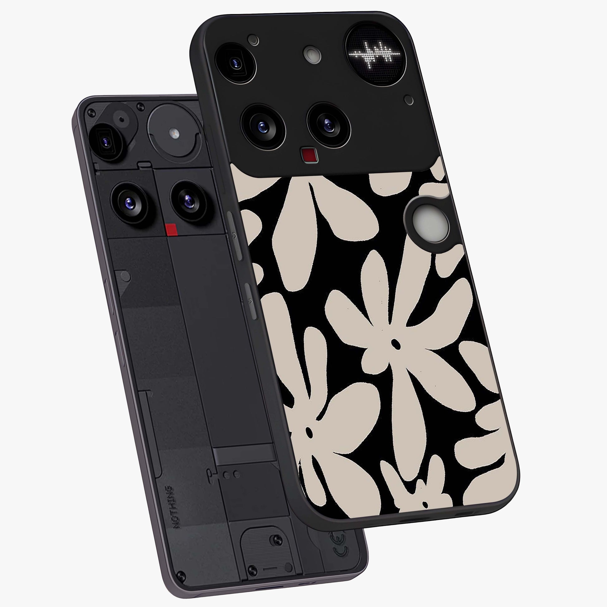 Monochrome Petal Dance Glass Case displayed in angled mockup highlighting elegant petal design with black and white aesthetic.