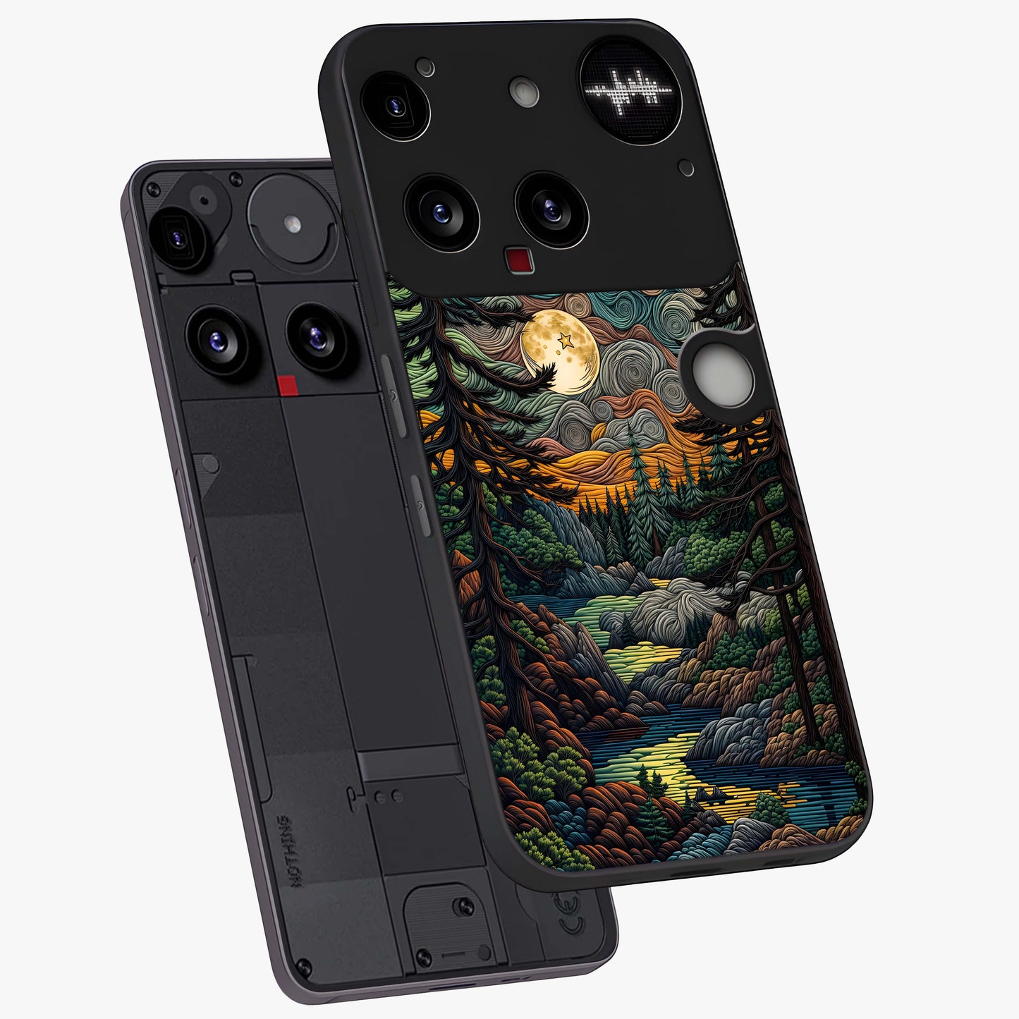 Moonlight Forest Dream Glass Case displayed in angled mockup highlighting dreamy forest design with glowing moon aesthetic.