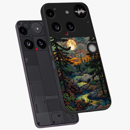 Moonlight Forest Dream Glass Case displayed in angled mockup highlighting dreamy forest design with glowing moon aesthetic.