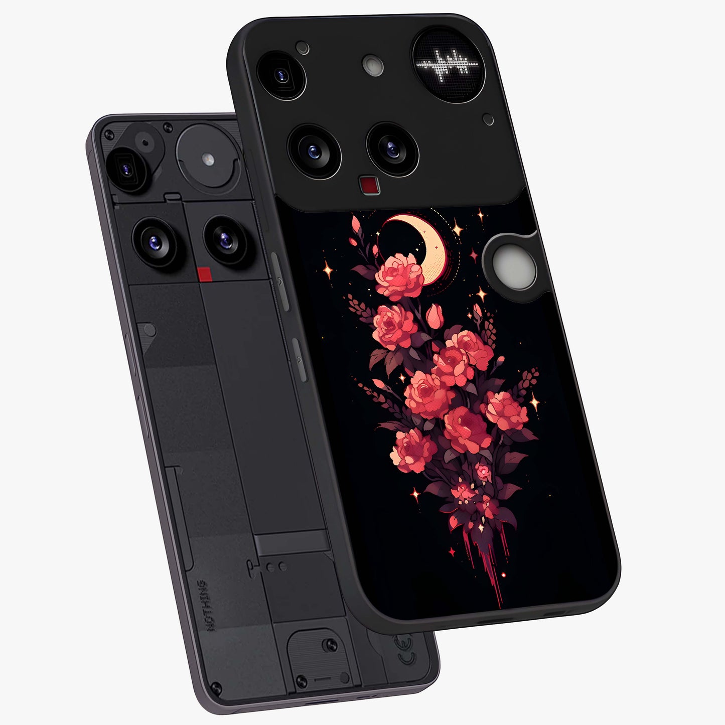 Moonlit Floral Elegance Glass Case displayed in angled mockup highlighting graceful flower design with soft moonlight aesthetic.