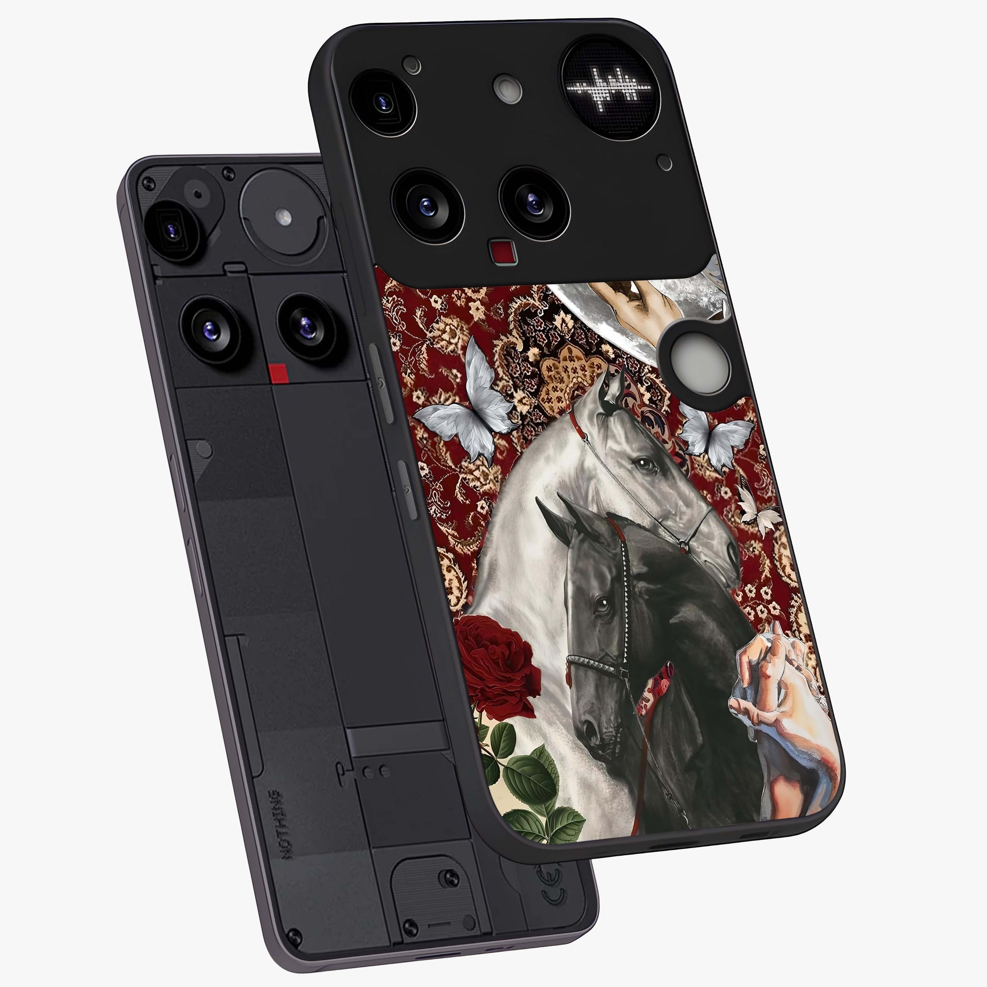 Moonlit Royal Stallion Glass Case displayed in angled mockup highlighting powerful stallion illustration with royal night aesthetic.
