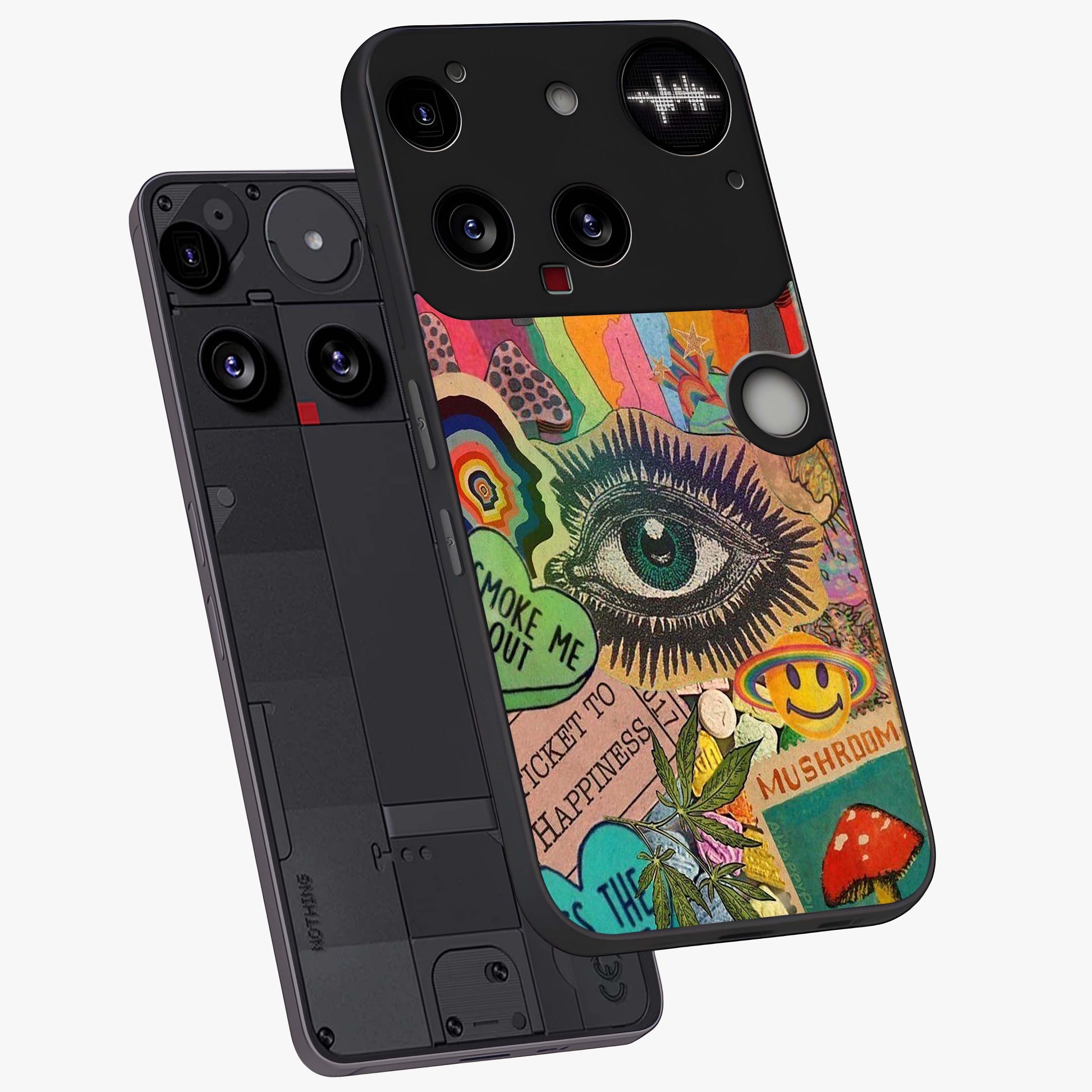 Mystic Eye Wonderland Glass Case displayed in angled mockup highlighting magical eye illustration with dreamy aesthetic.