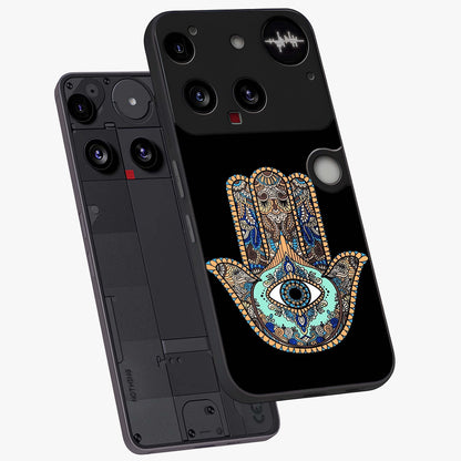Mystic Hamsa Eye Glass Case displayed in angled mockup highlighting spiritual hamsa symbol with mystical aesthetic style.