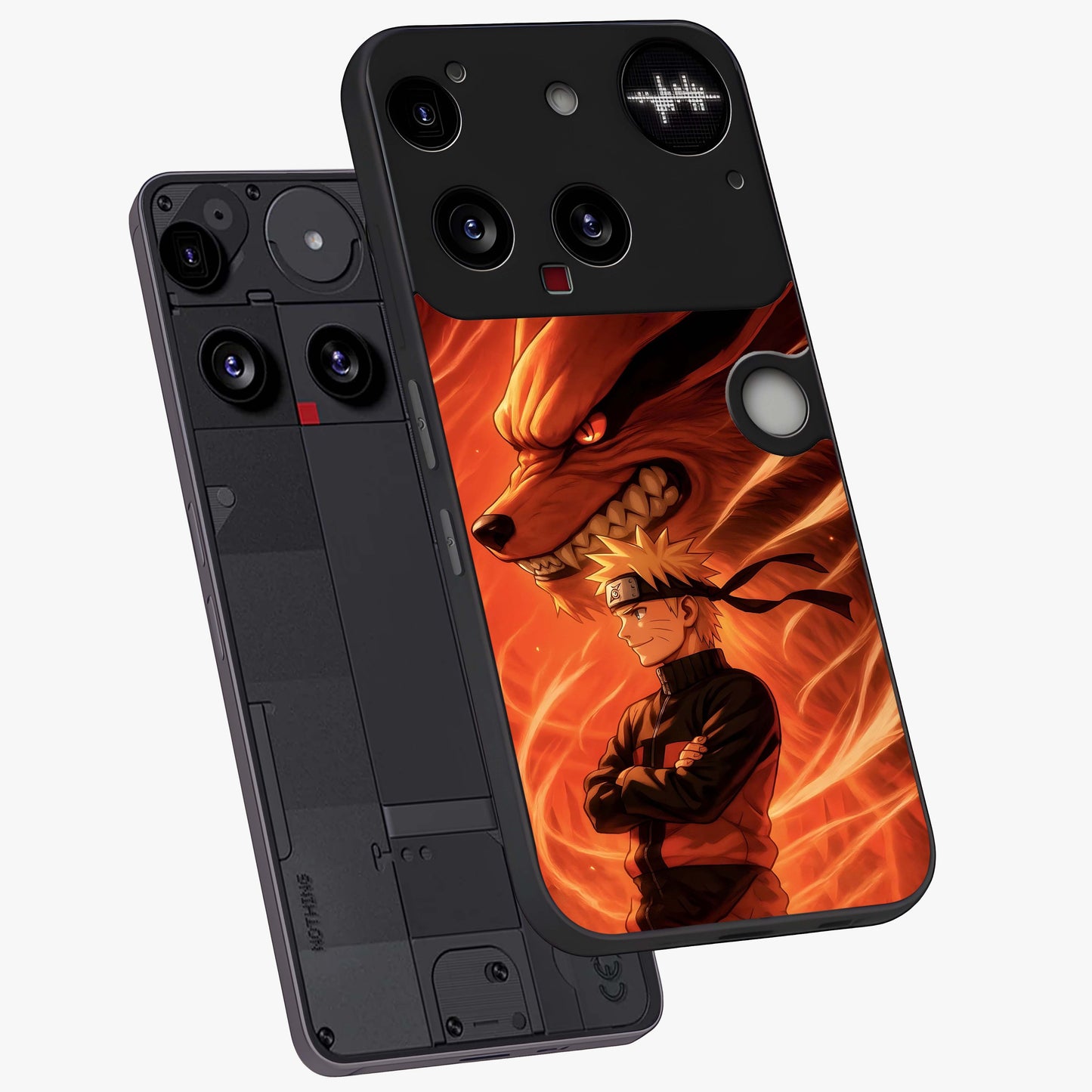 Nine Tails Legacy Glass Case displayed in angled mockup highlighting dynamic anime beast illustration with bold mystical aesthetic.